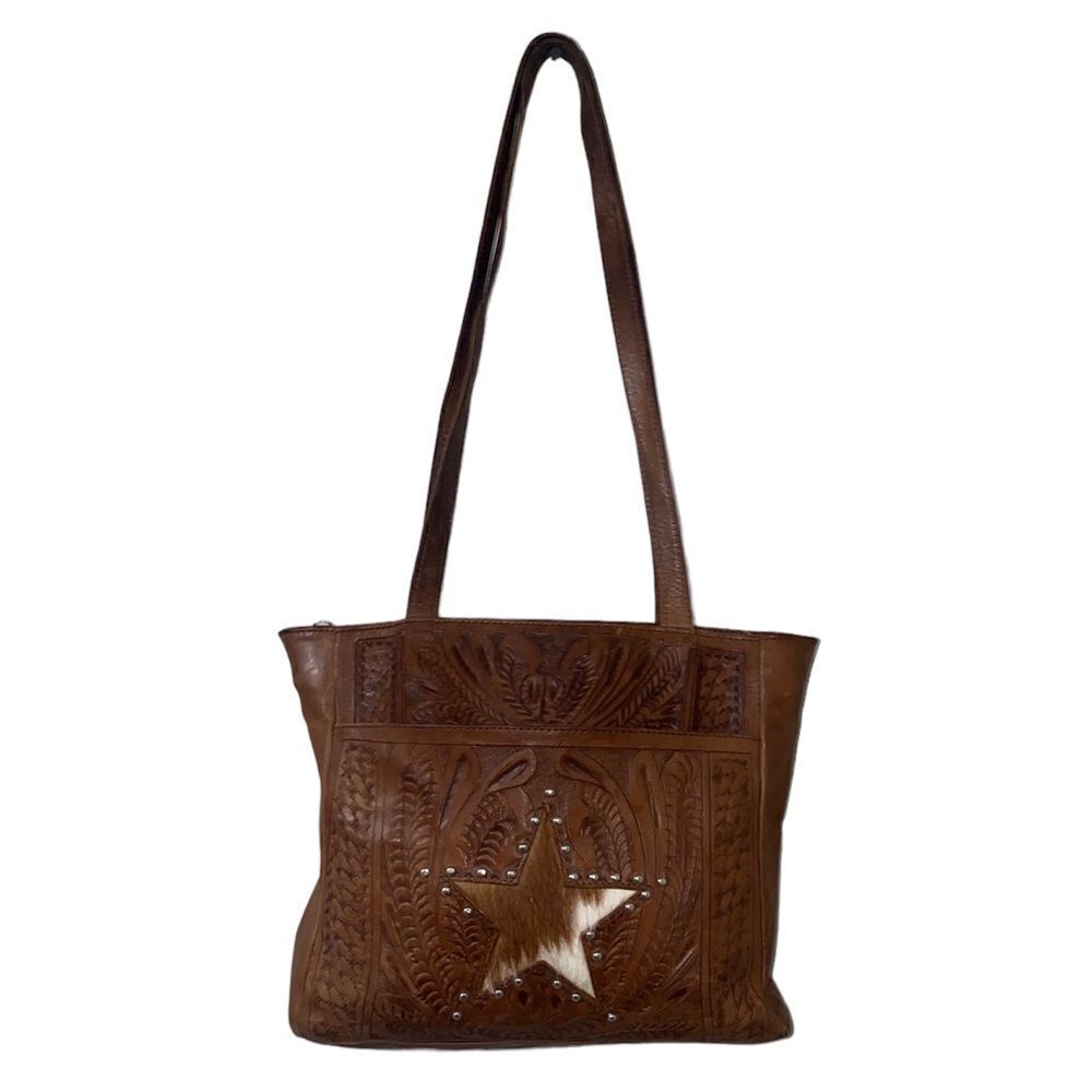Texian Leathers tooled leather studded pony hair fur shoulder bag purse brown